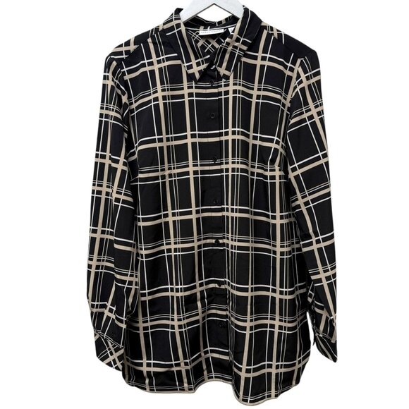 SUSAN GRAVER Womens Top Large Black Tan Plaid Button Up Shirt Long Sleeve NWOT - Picture 1 of 10